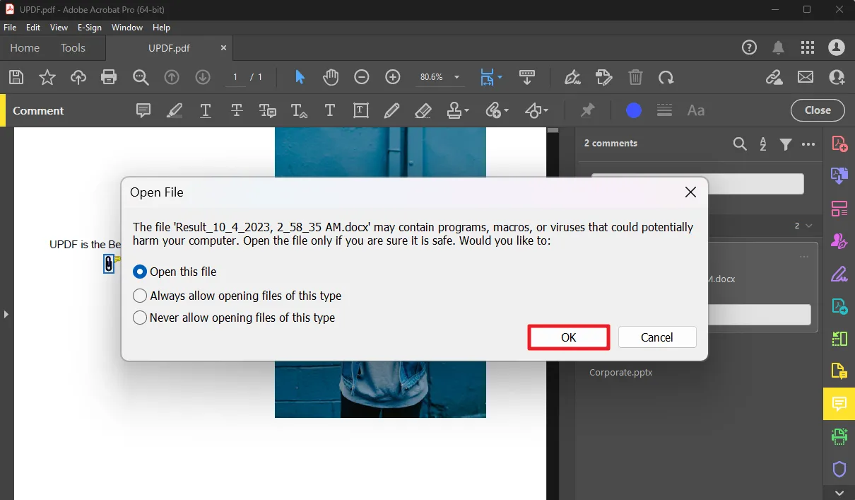 adobeでPDFの添付ファイルを開く