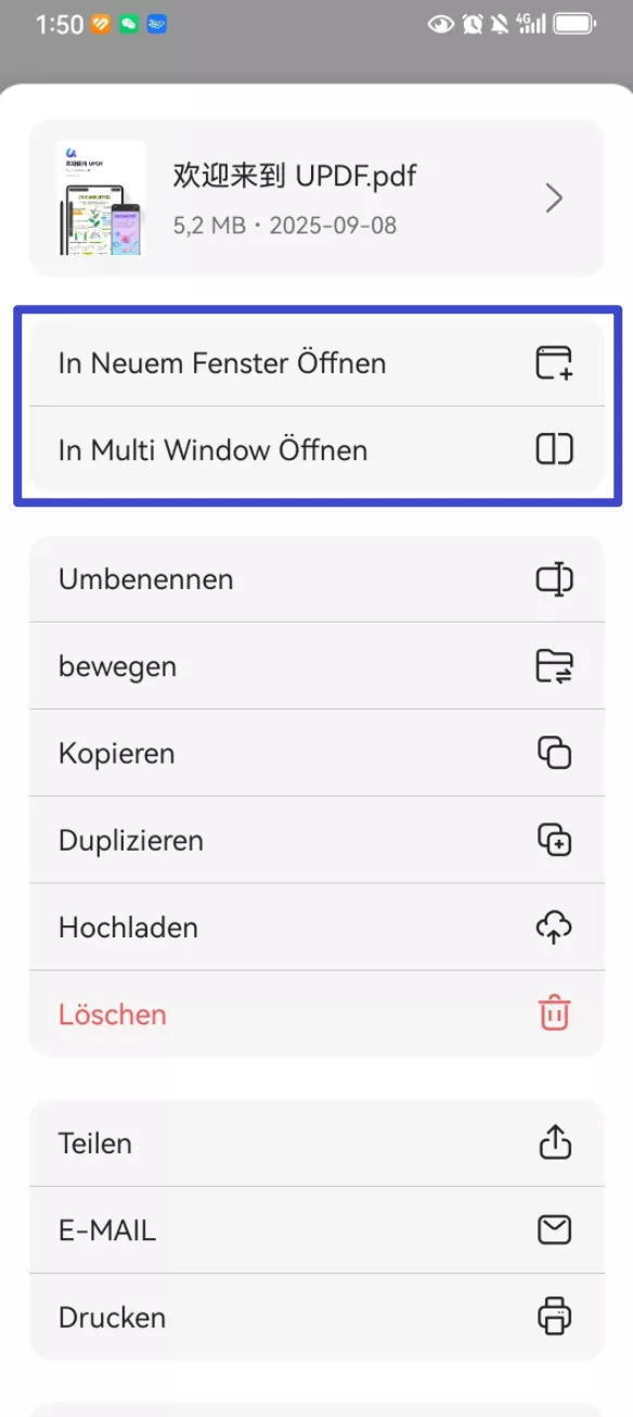 Wie öffne ich PDF-Dateien auf Android mit neuem Fenster oder mehreren Fenstern?