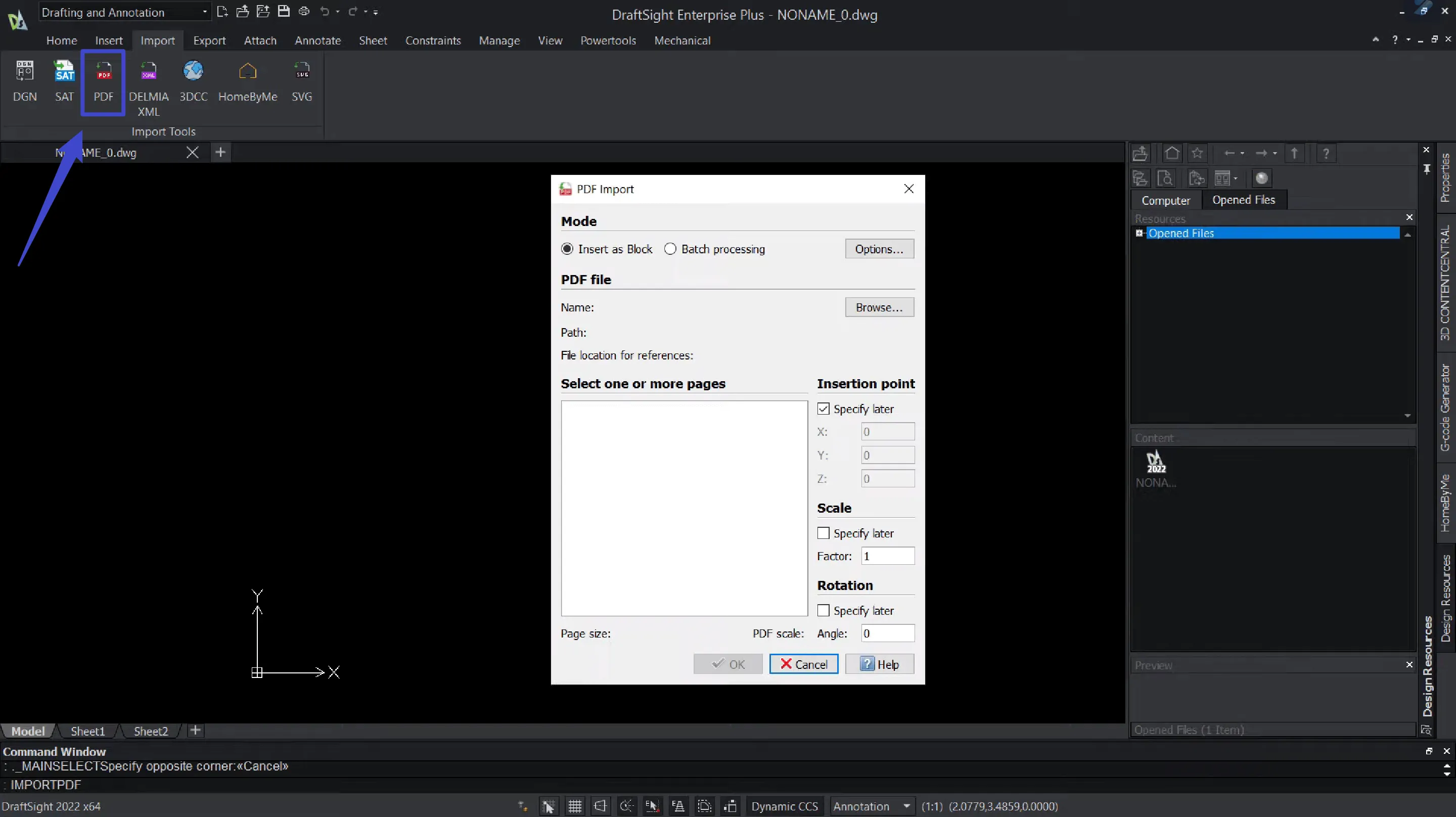 DraftSight에서 pdf to dwg