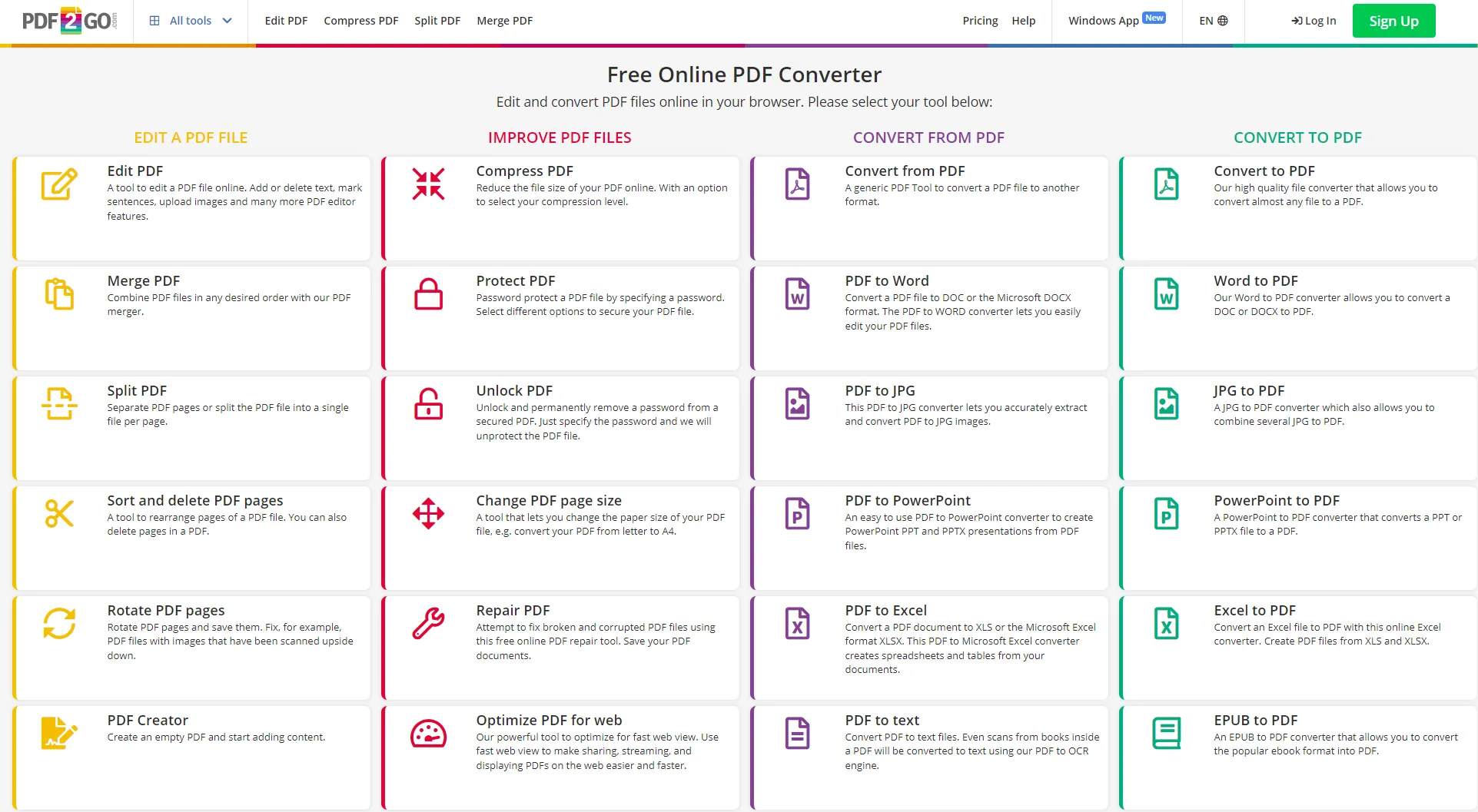 透かしのない無料オンラインPDFエディター pdf2go