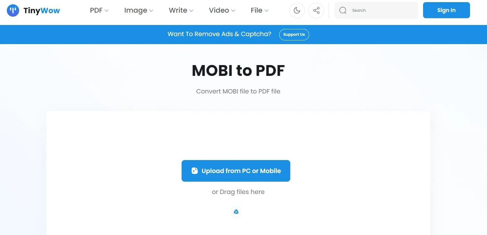 Converti MOBI in PDF con TinyWow