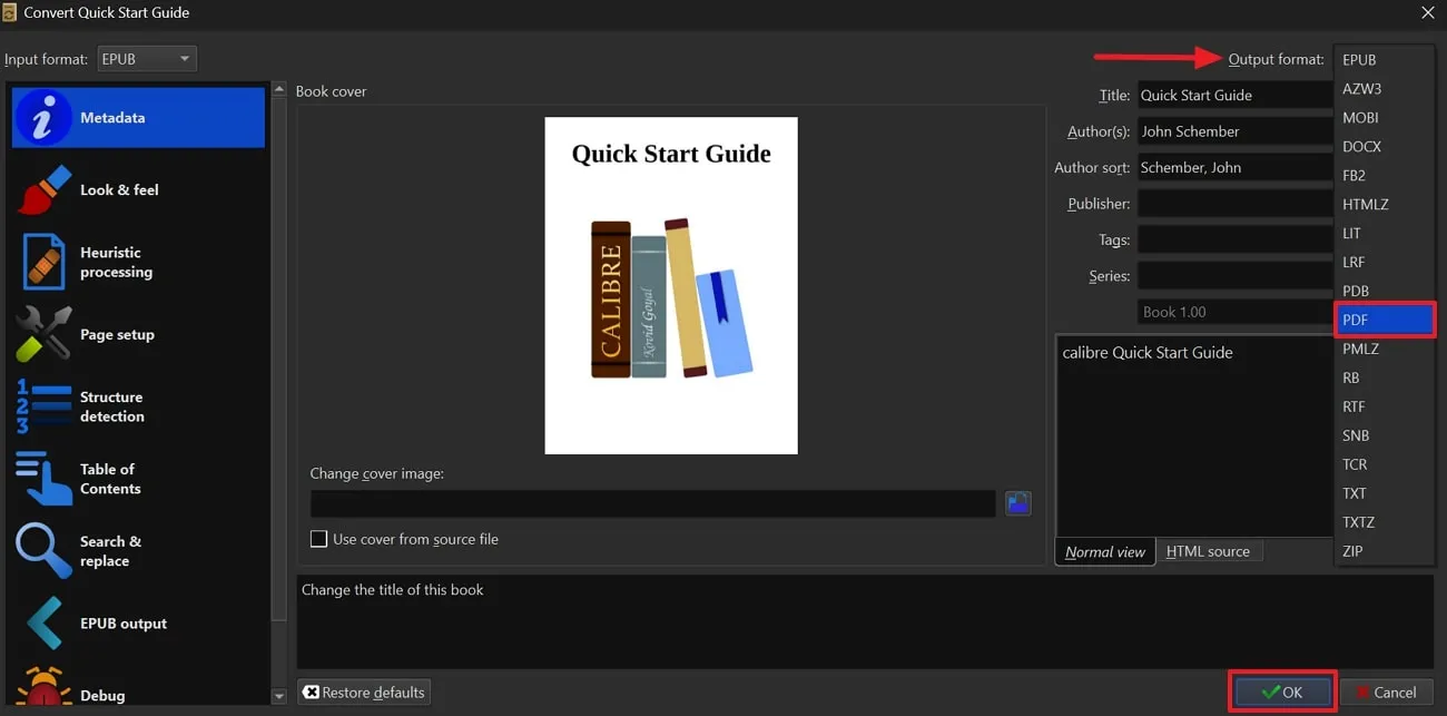 convert kindle file to pdf select output format