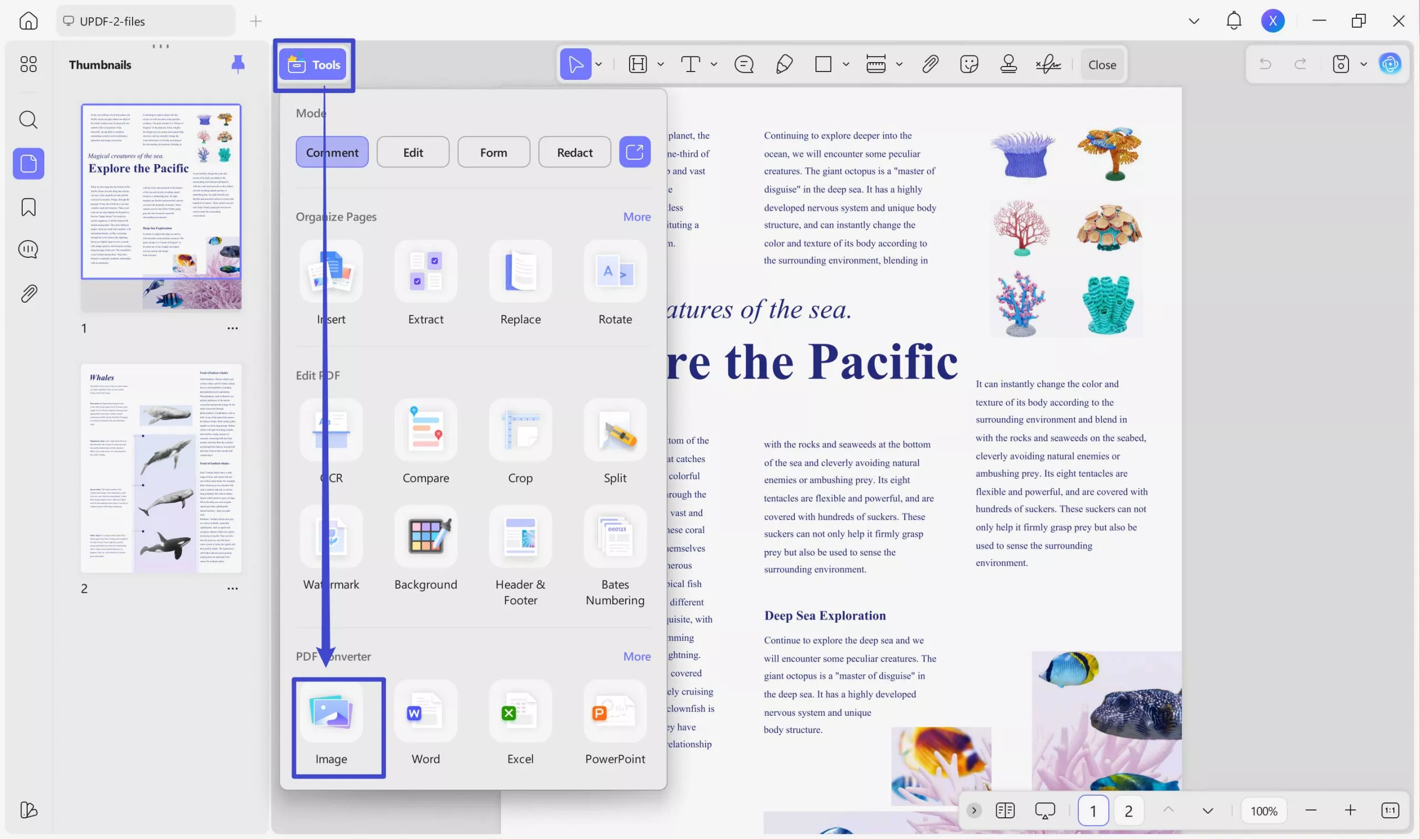 Select image option to convert PDF to image with updf on windows