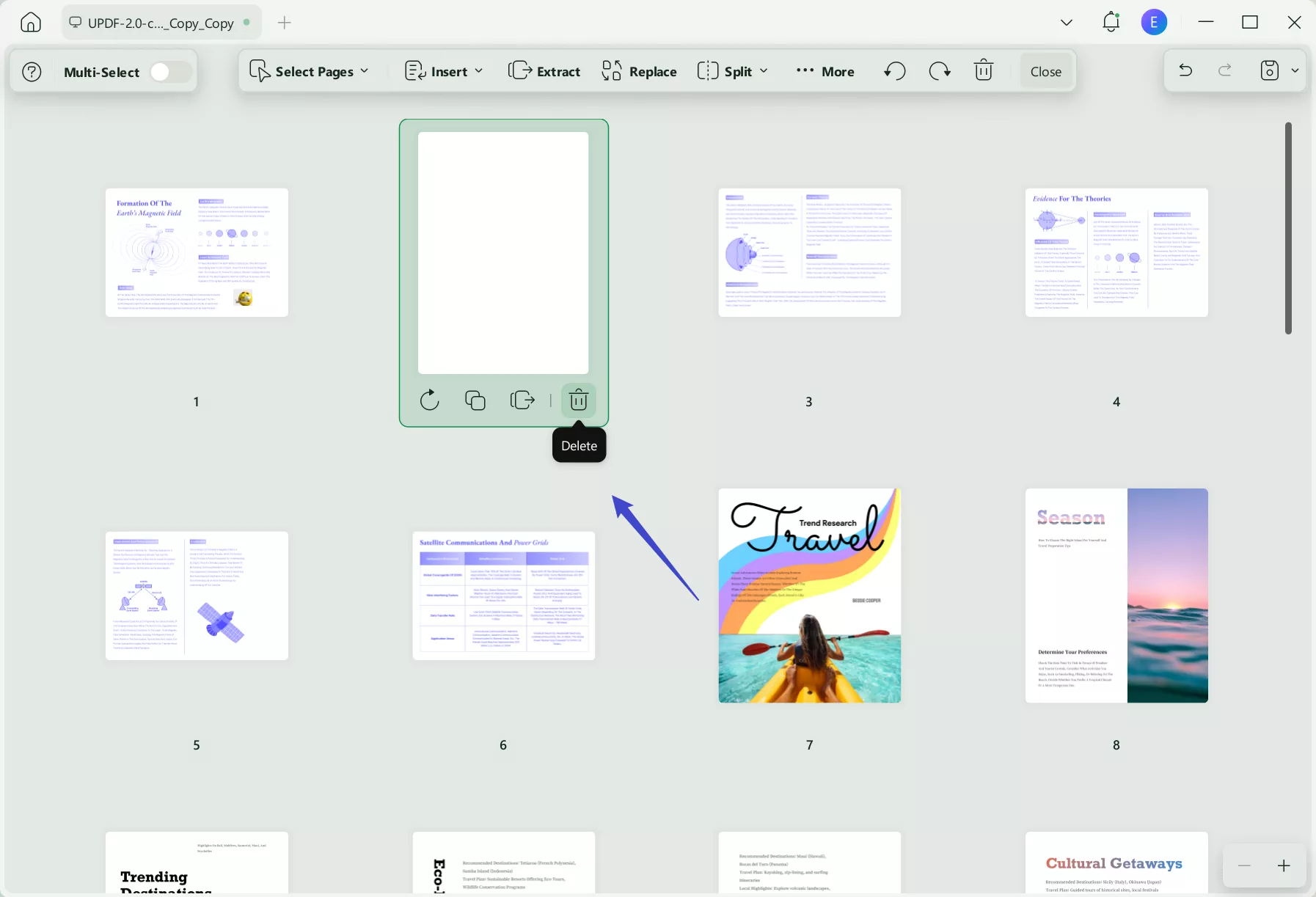 delete blank pages in updf on windows in the organize pages part
