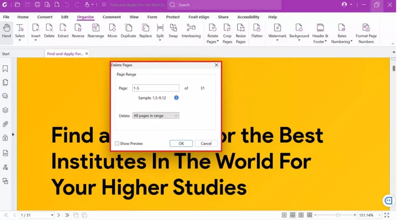 foxit delete page specify pages to delete