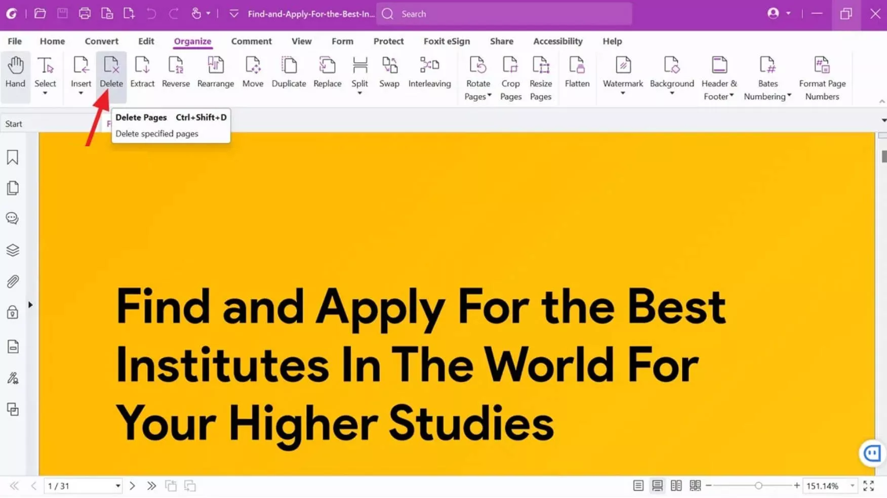 foxit delete page tap on delete icon
