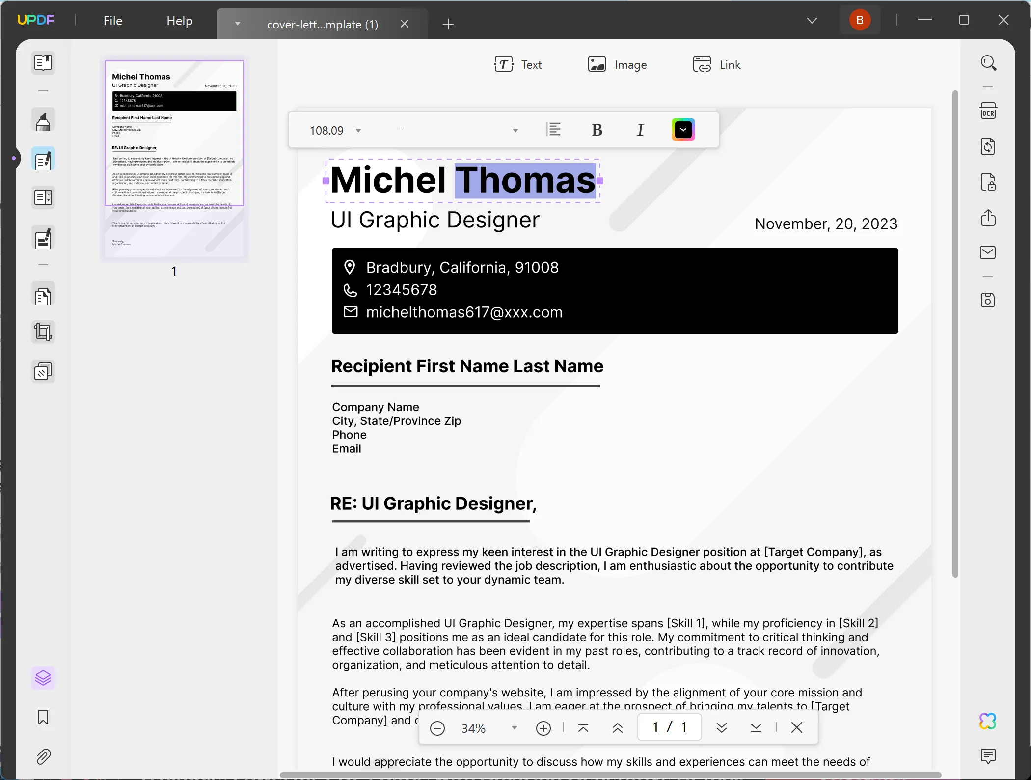 قالب خطاب تغطية طلب التقديم لوظيفة updf