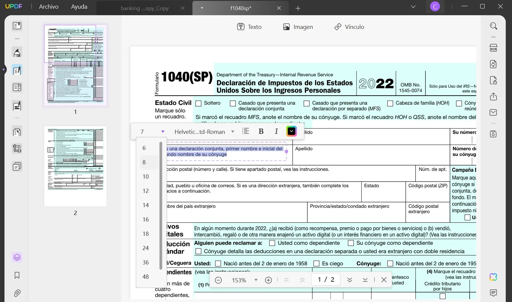 change font size in pdf fillable form