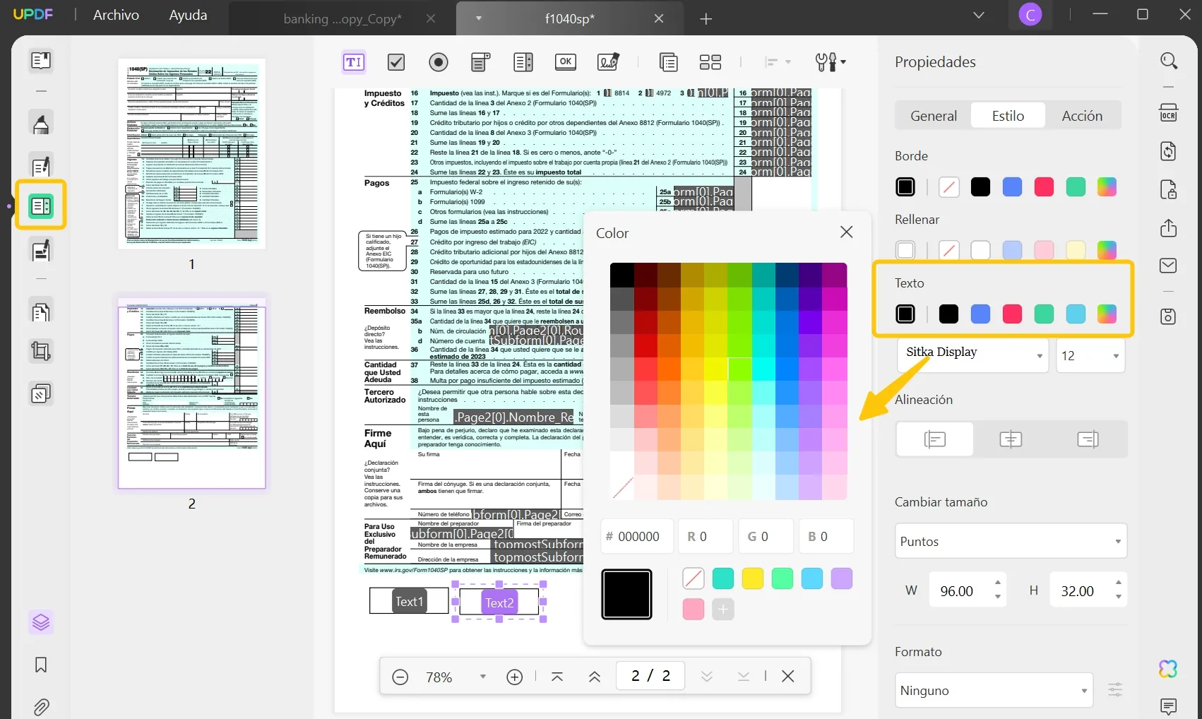 cambiar el color del texto del formulario pdf