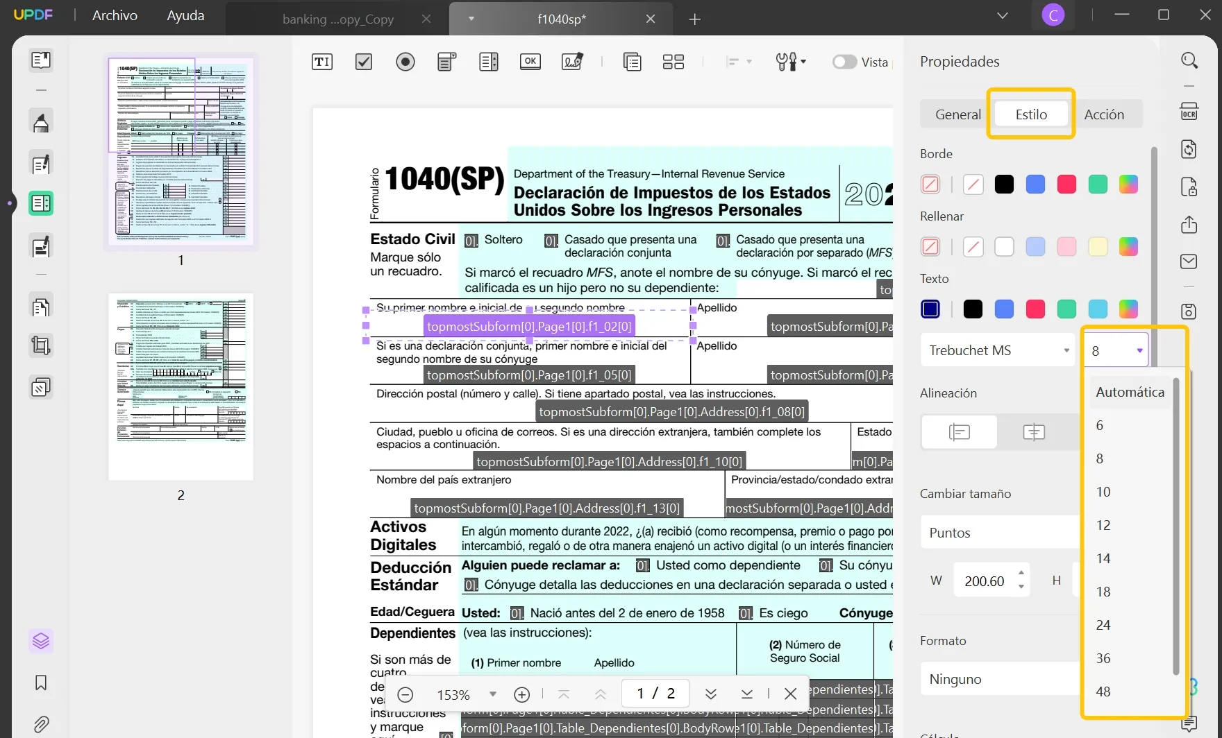 change font size in pdf fillable filed