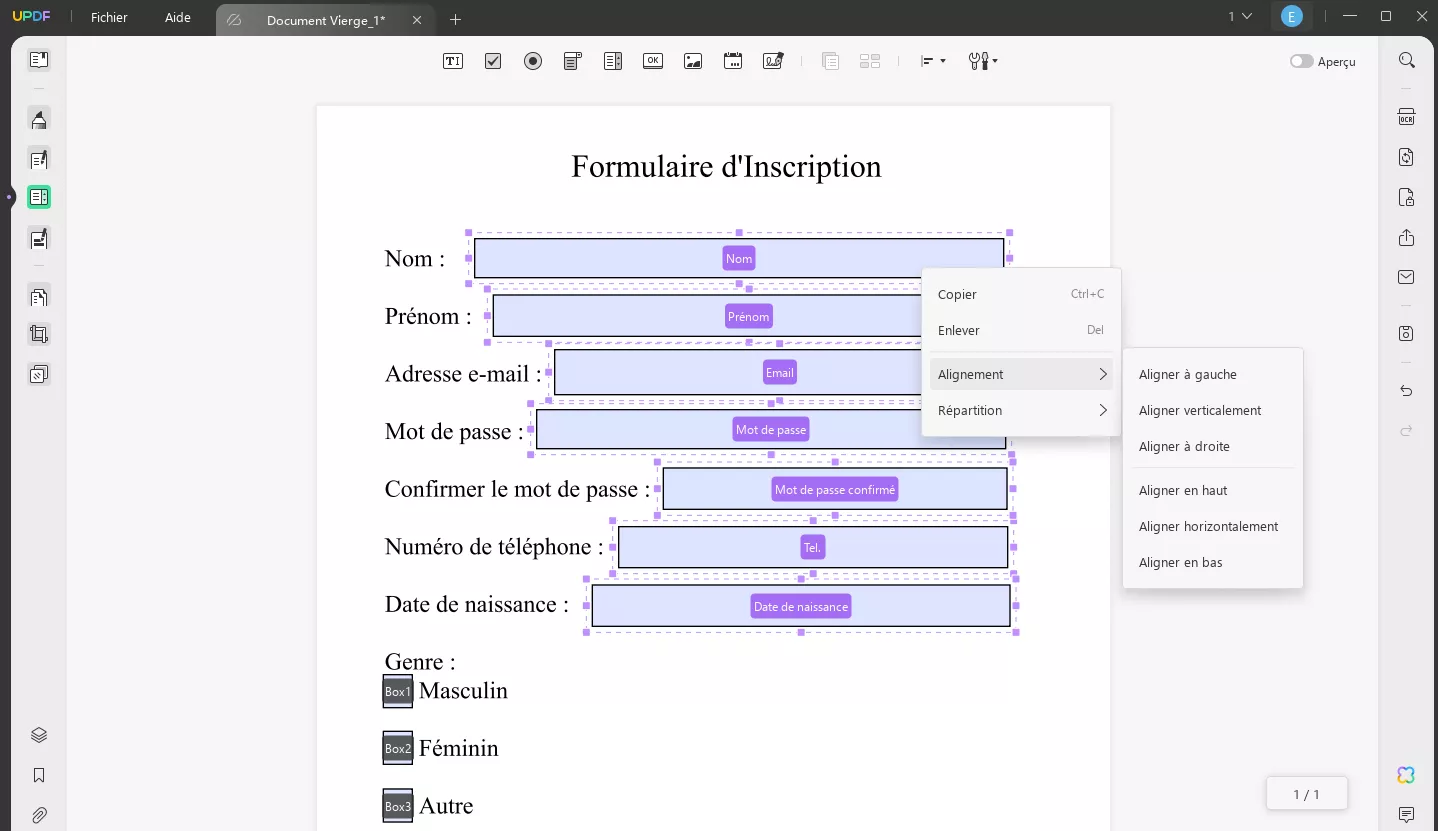 aligner formulaire pdf