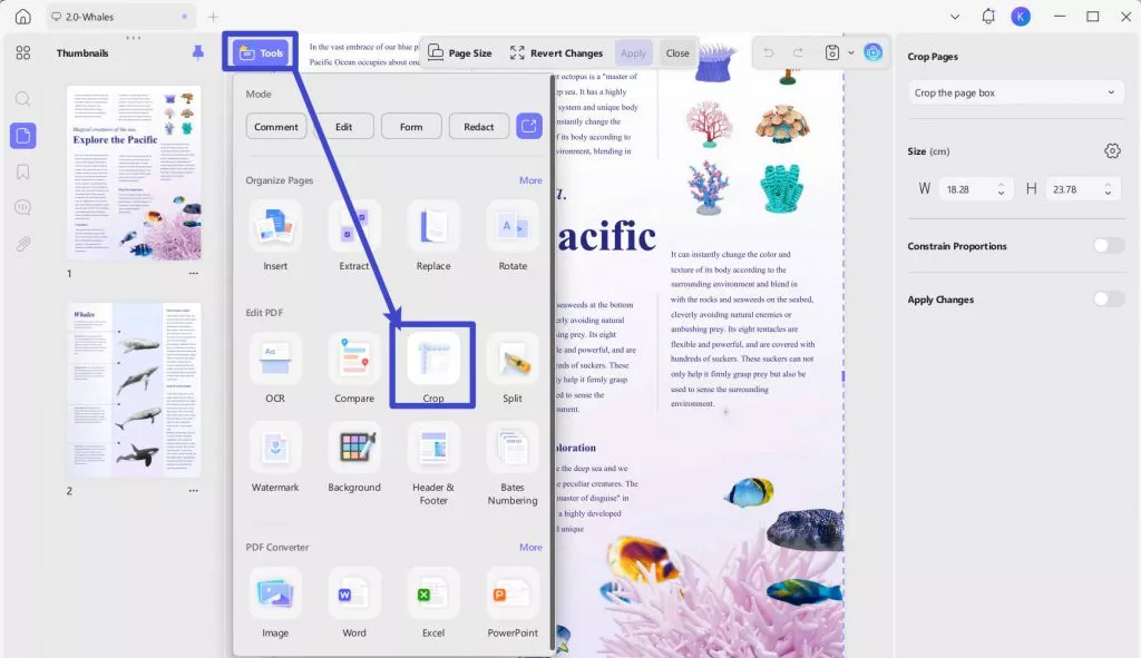 go to crop tools in updf