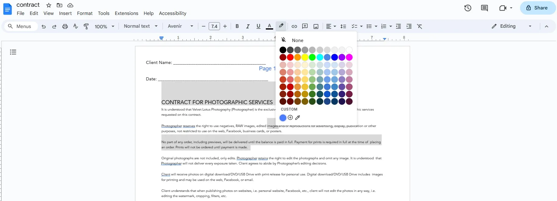 color de resaltado para su contenido en google docs