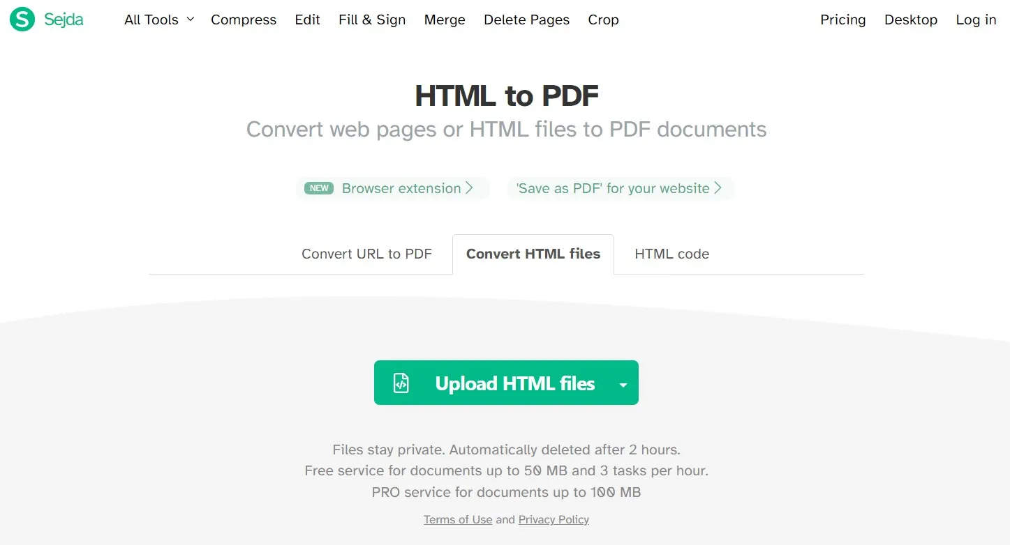 Trasforma HTML in PDF online con Sejda