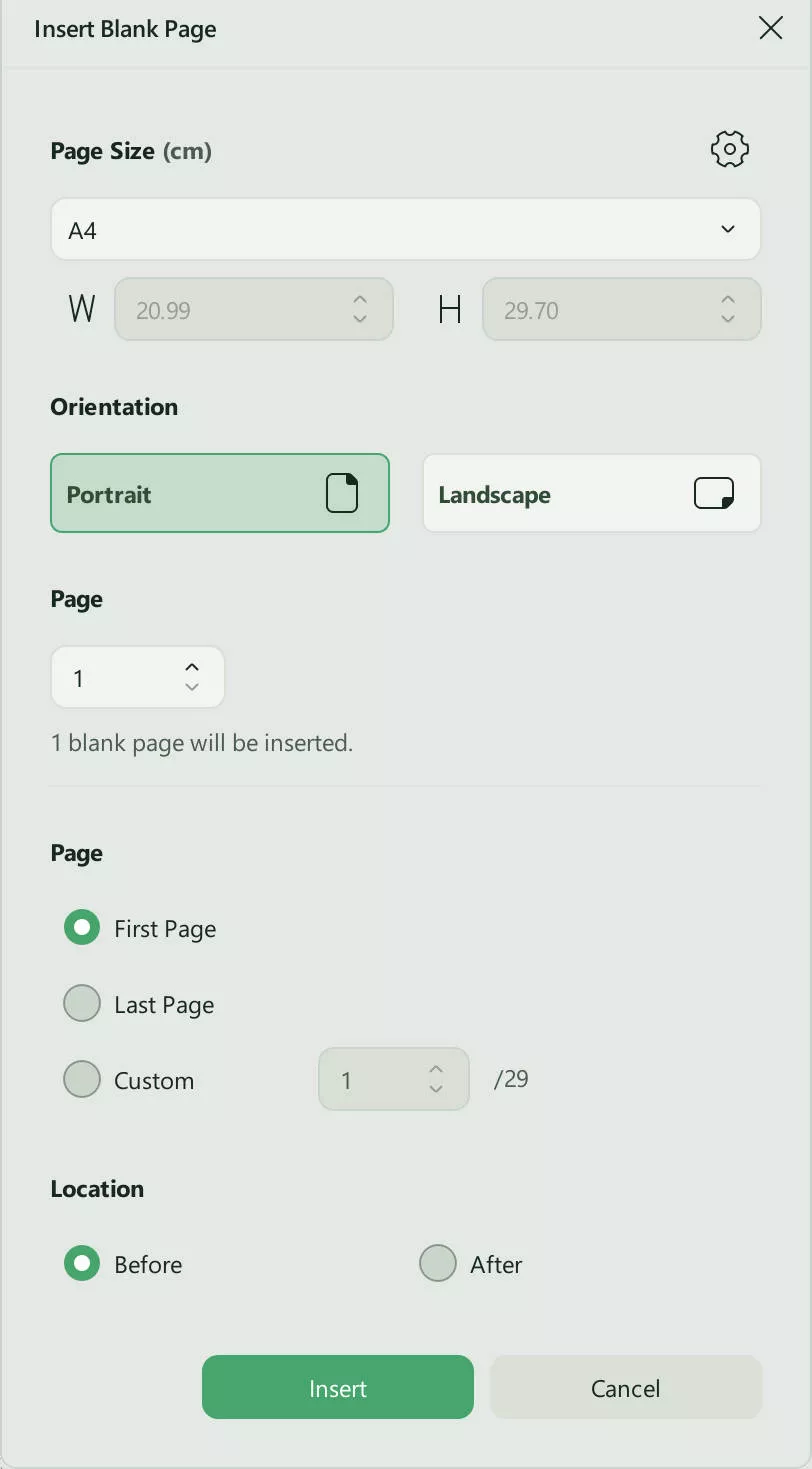 pop up window of insert blank page
