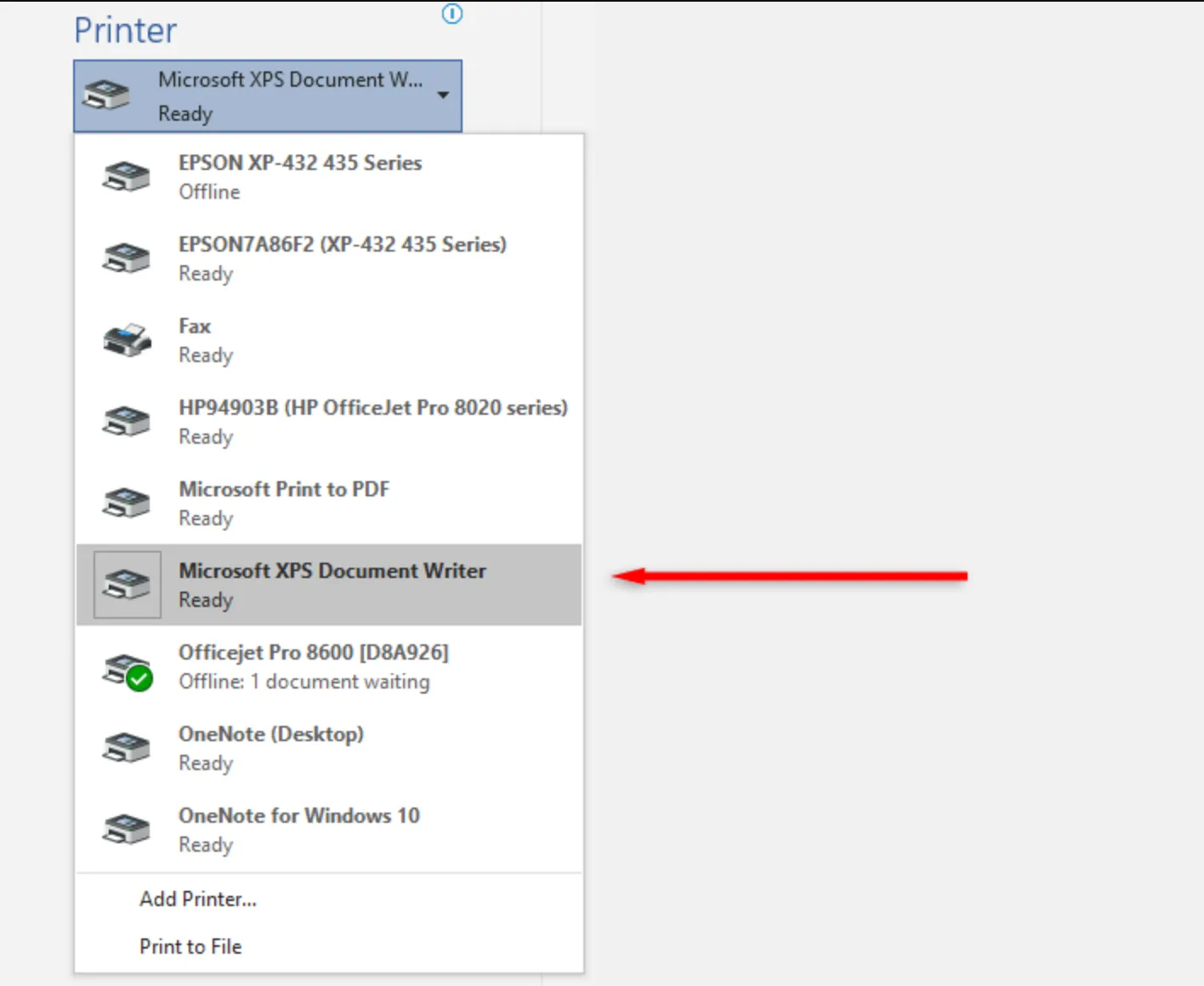 select microsoft xps document writer as printer