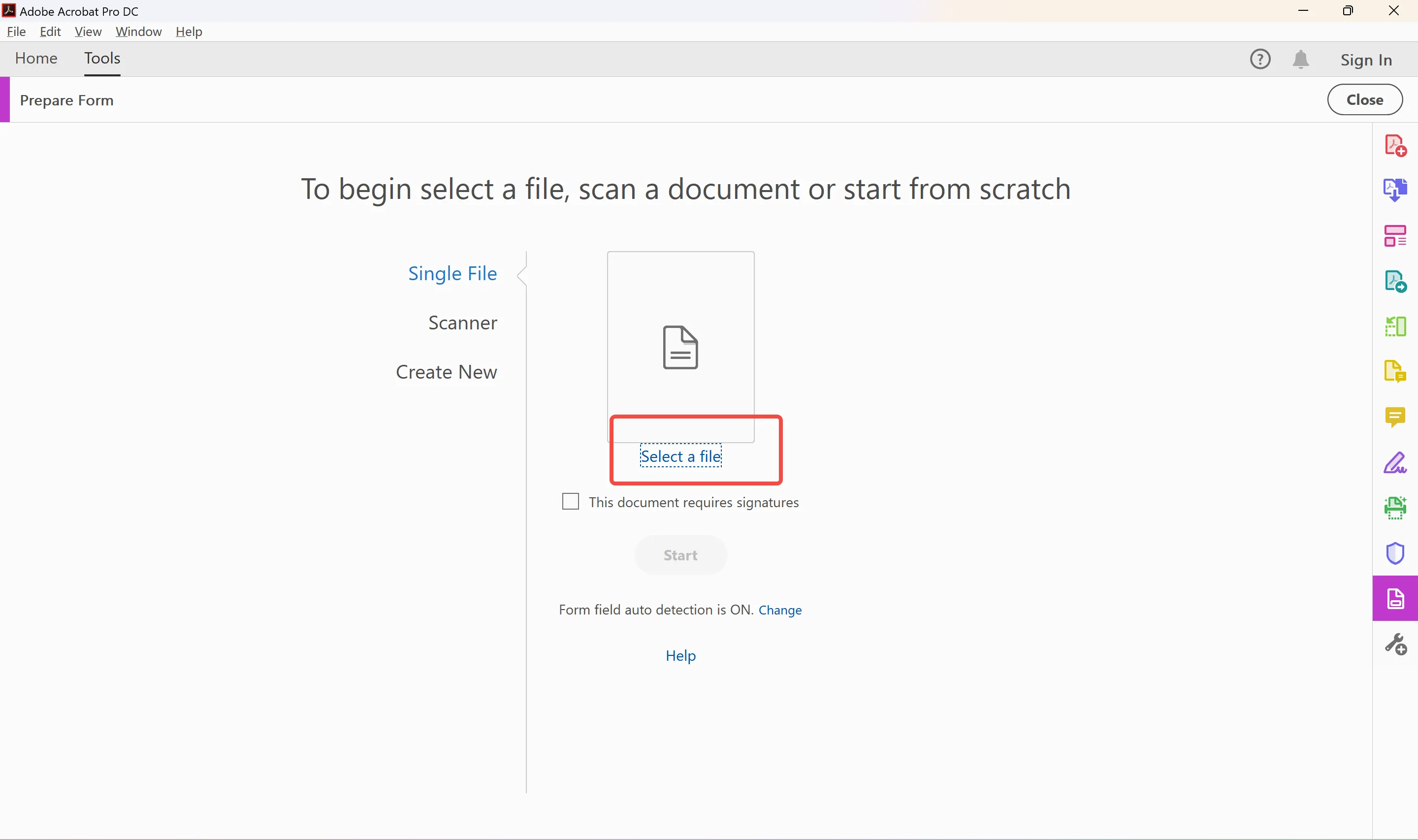 Erstellen einer ausfüllbaren PDF-Datei in Adobe Datei auswählen