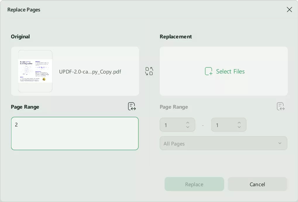 customize the page range to replace blank page with updf on windows