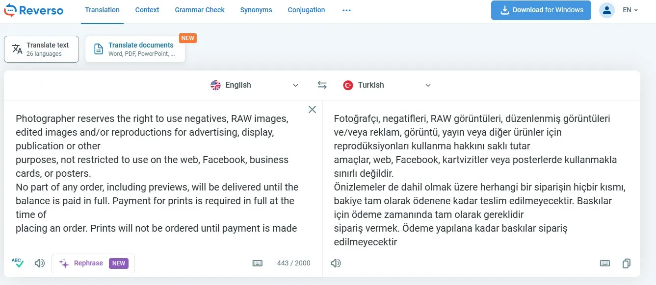 reverso english to turkish translator