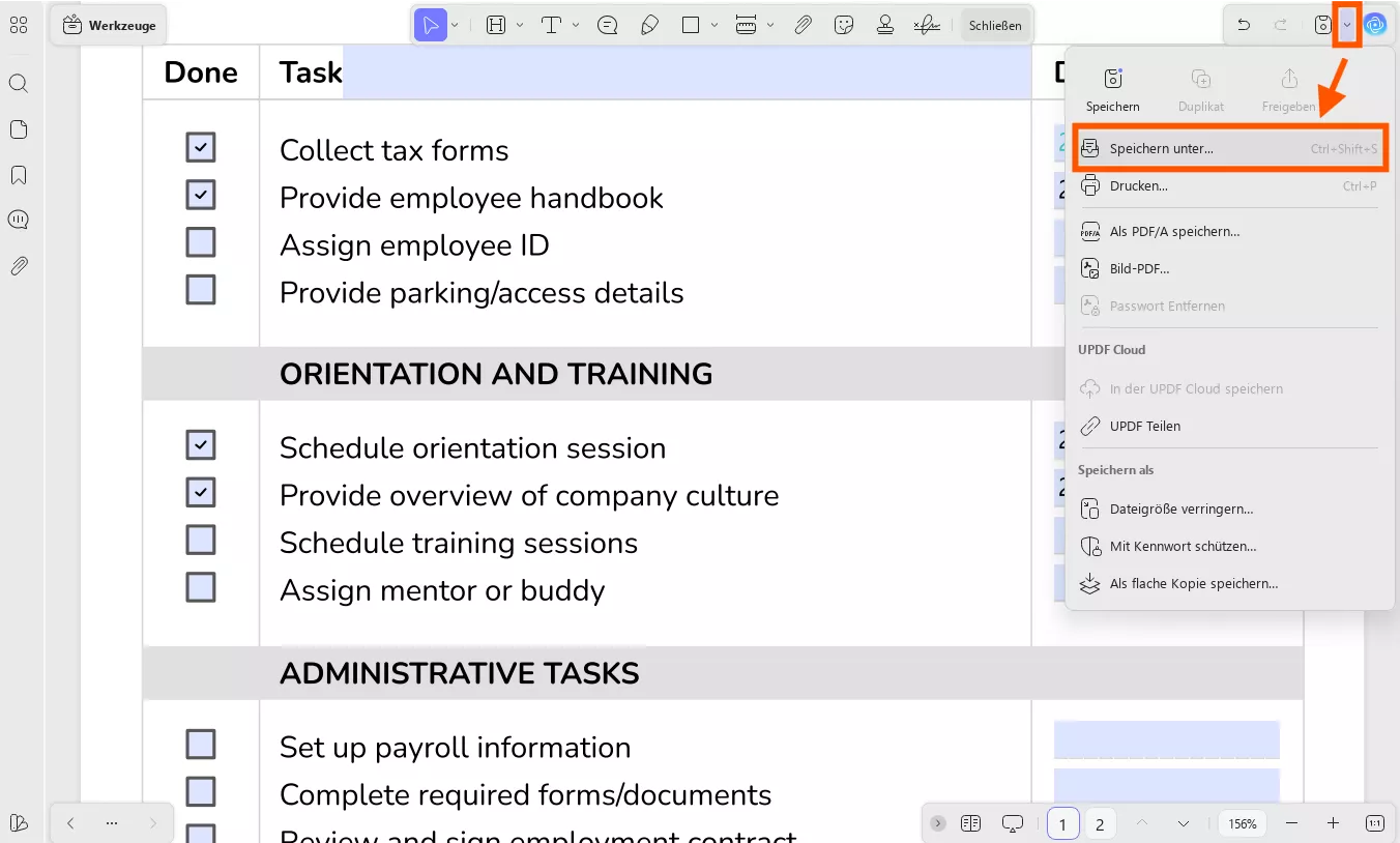 Das Dokument konnte nicht gespeichert werden. Ungültiger Parameter UPDF