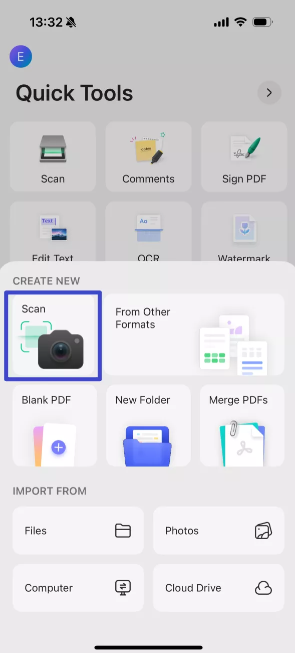 click the scan button in updf for ios