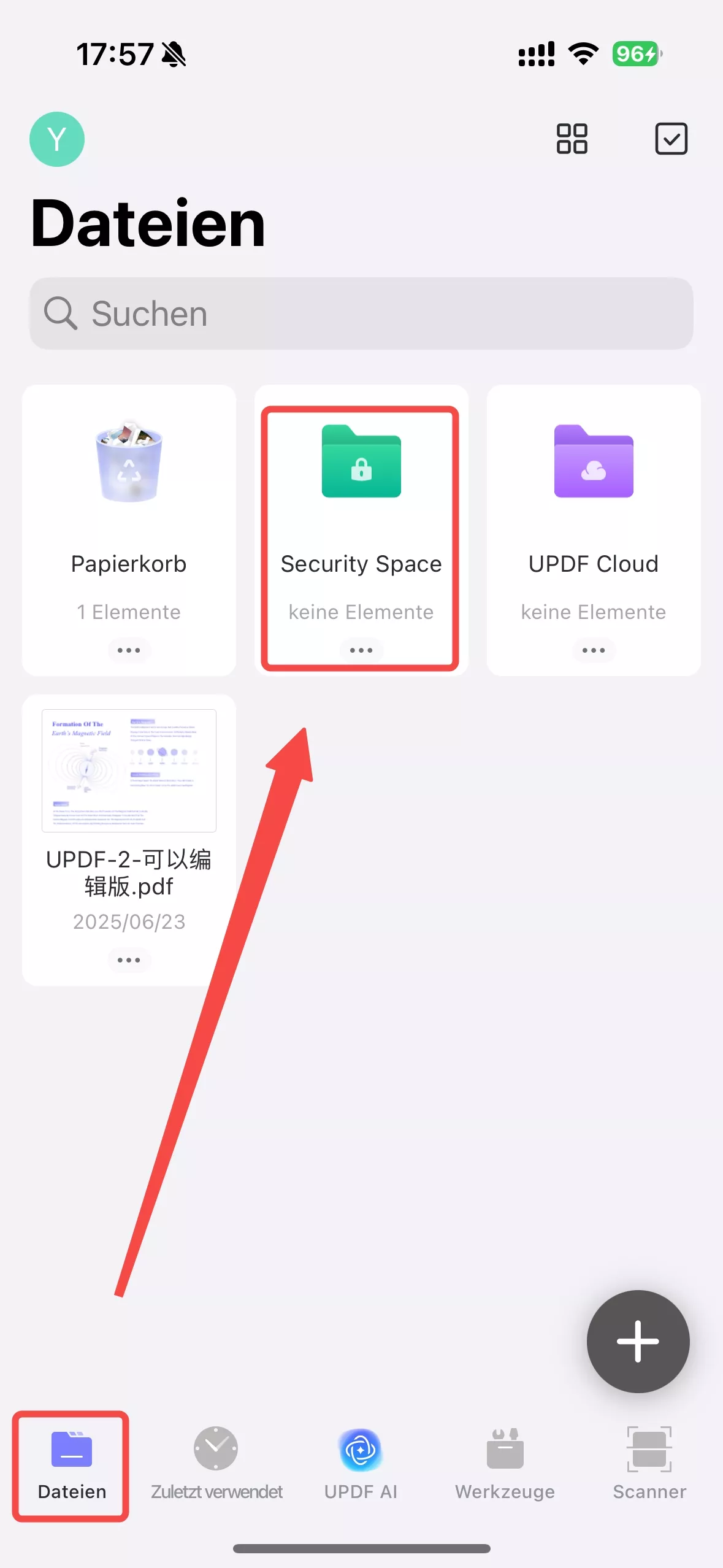 Klicke auf "Security Space" UPDF