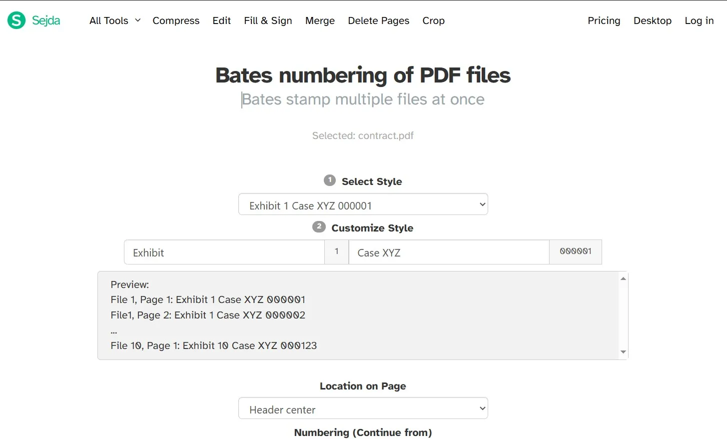 sejda bates numberfing