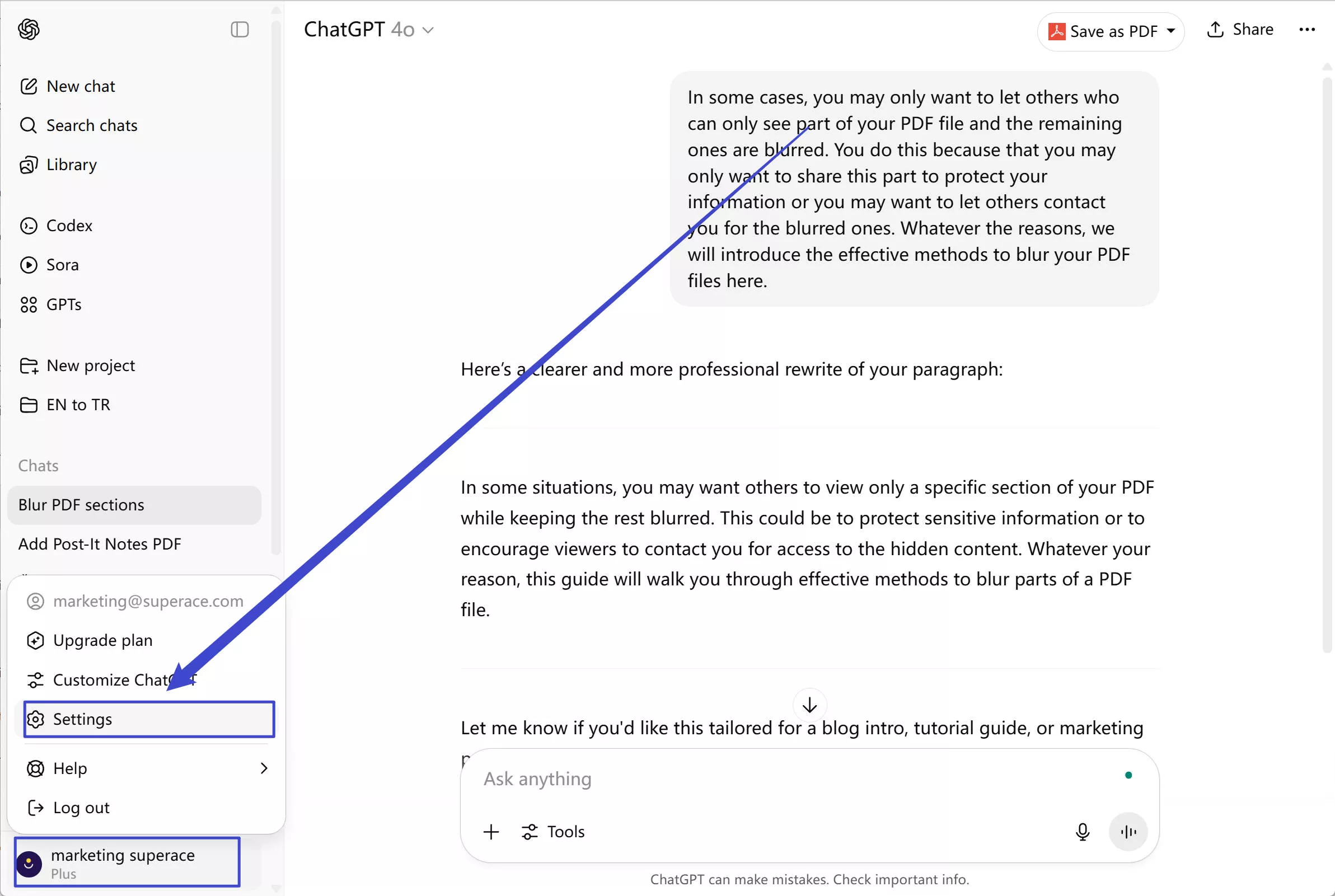 click on the settings in chatgpt