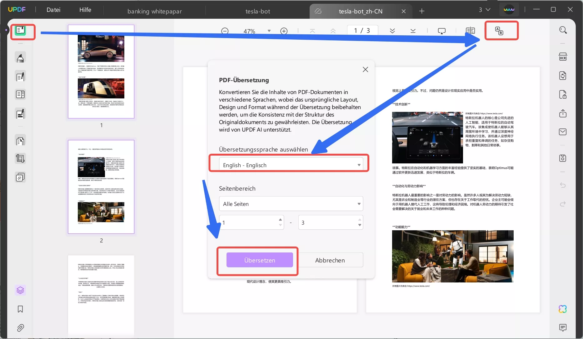 mit UPDF AI PDFs von Chinesisch auf Englisch übersetzen