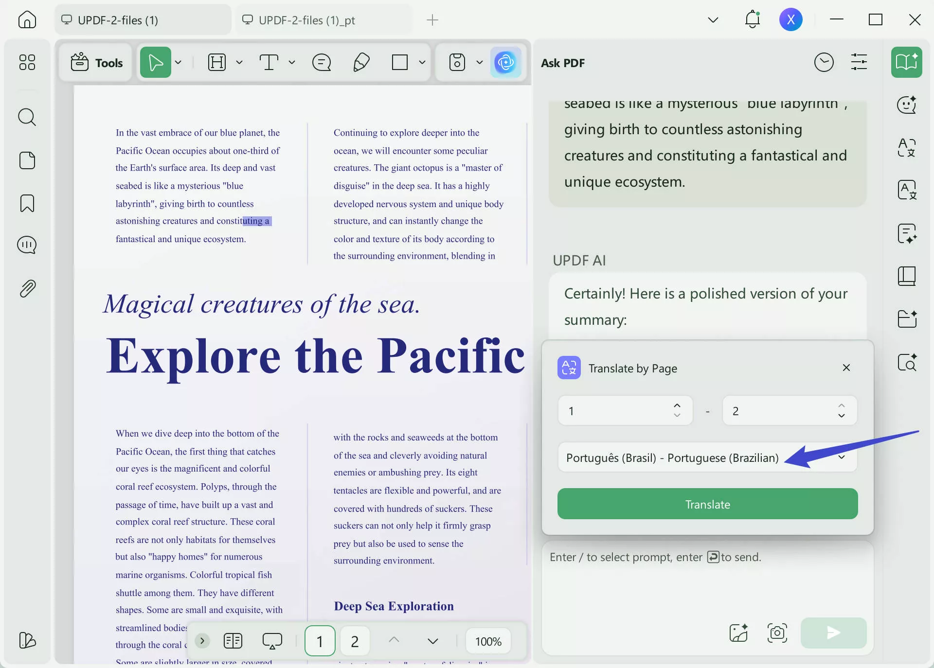 select translate by page to translate pdf