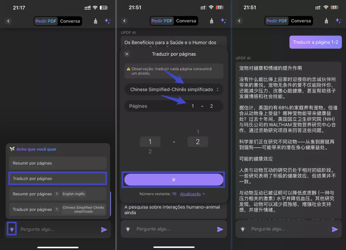 converter páginas selecionadas para outro idioma