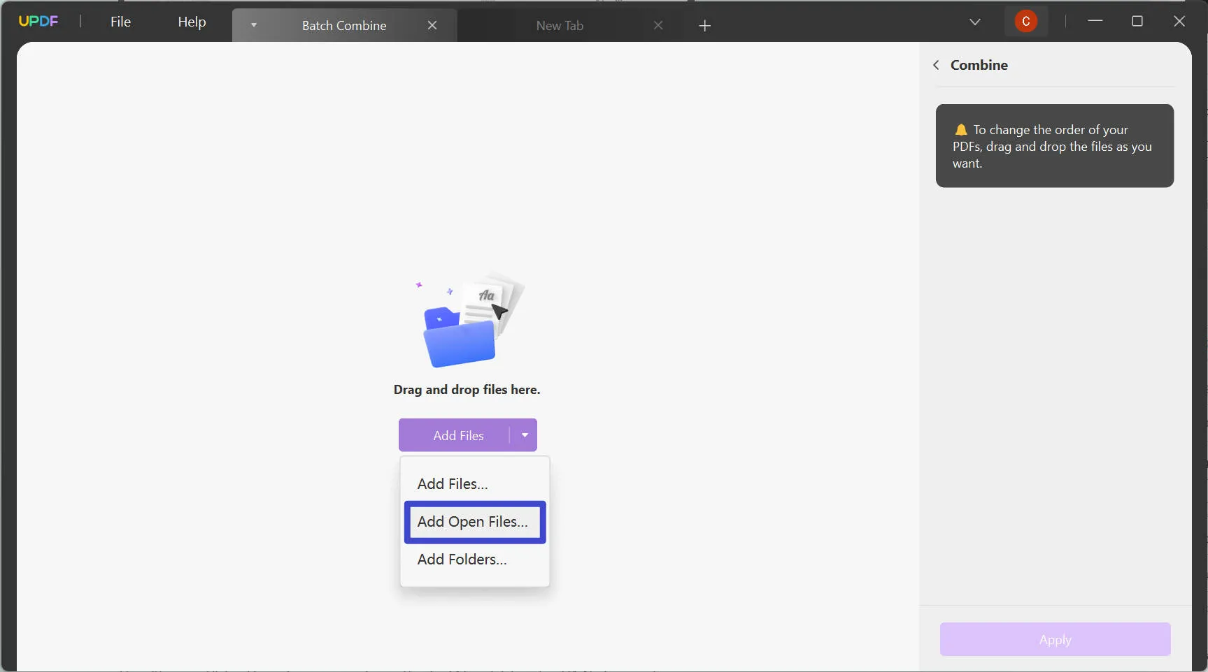 الوصول إلى ميزة دمج الدفعات لدمج ملفات PDF المحفوظة حديثًا