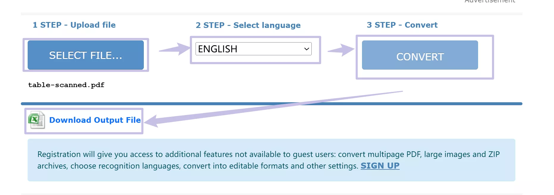 Convert scanned PDF to Excel with Online OCR