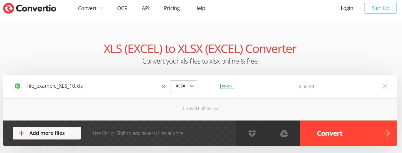 convertir xls en xlsx bouton de conversion convertio