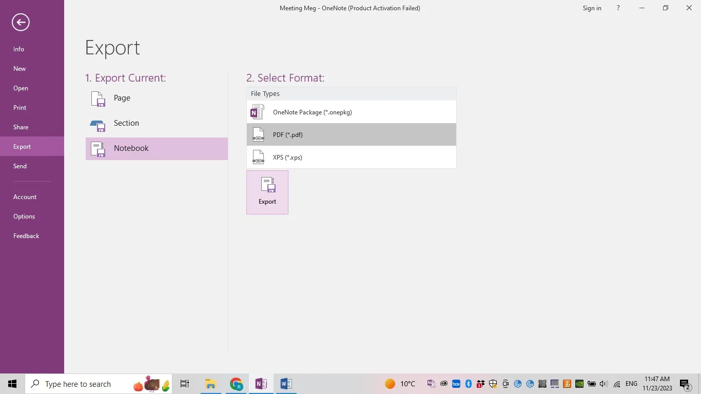 export OneNote to PDF exporting