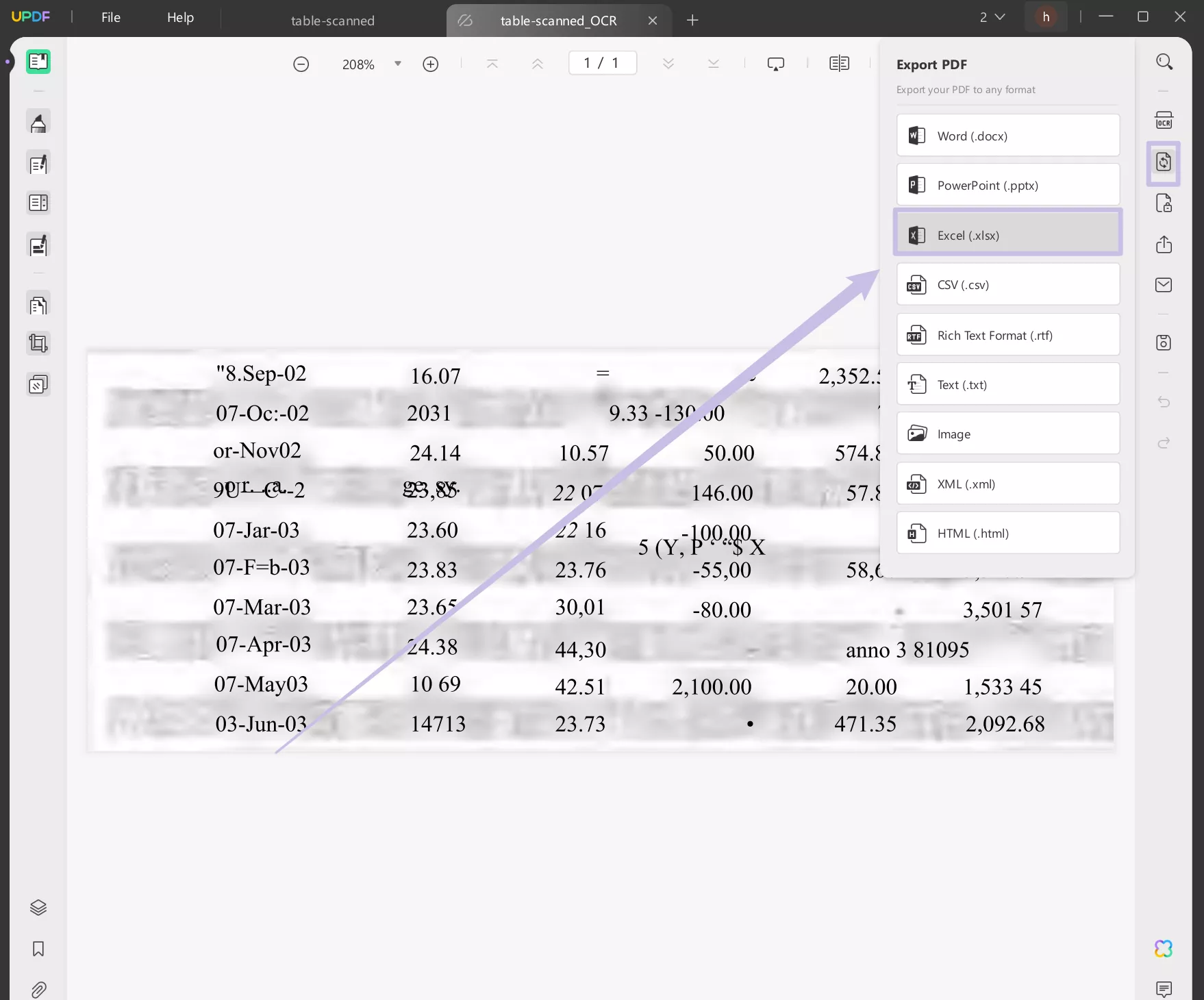 Export scanned table to Excel with UPDF