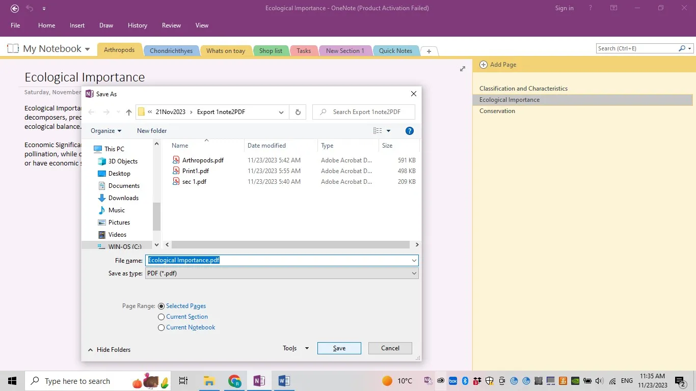 export OneNote to PDF exporting