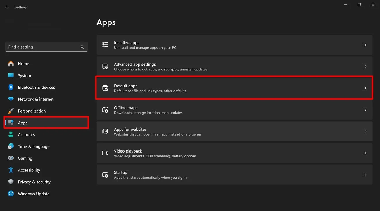 default apps オプショにアクセス