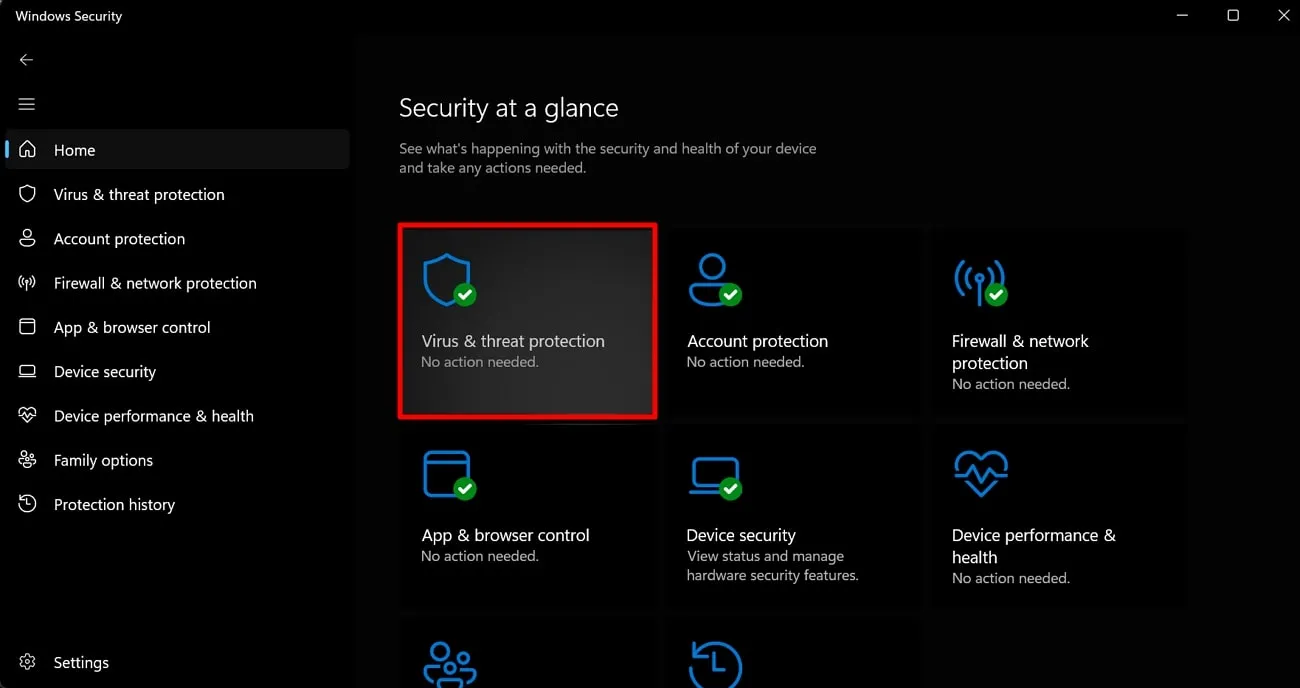 virus and threat protectionボタンをクリック