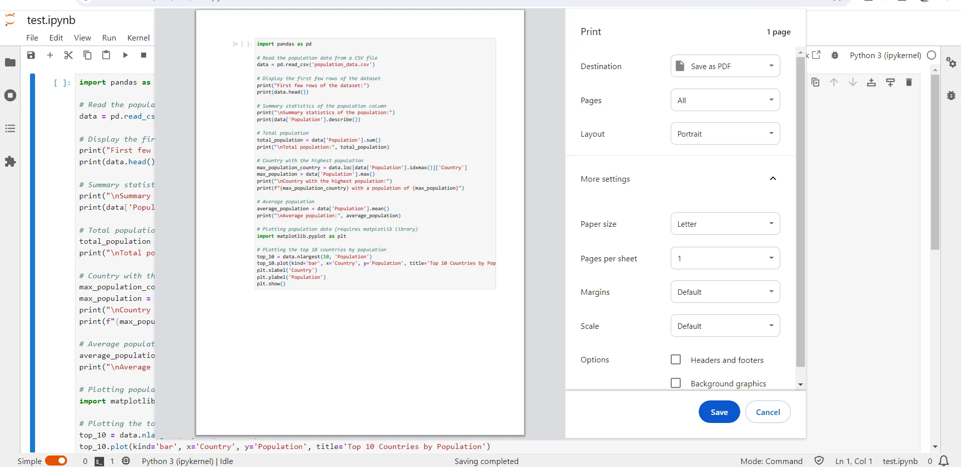 cahier jupyter en pdf enregistrer l'impression au format pdf