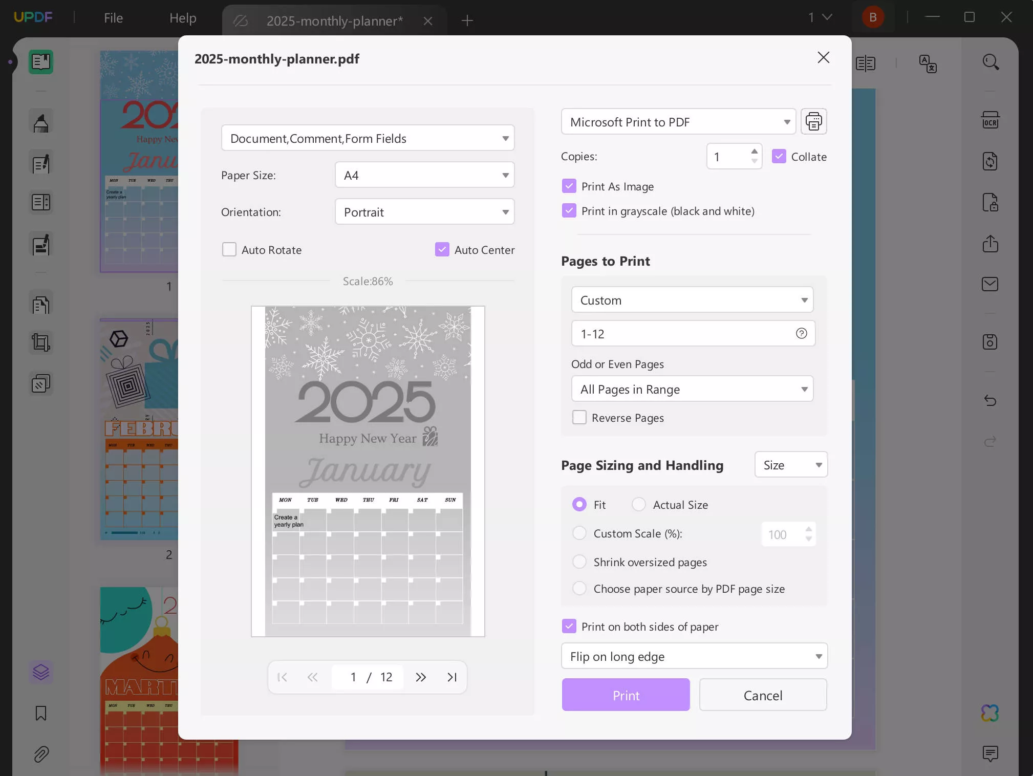 print 2025 monthly planner