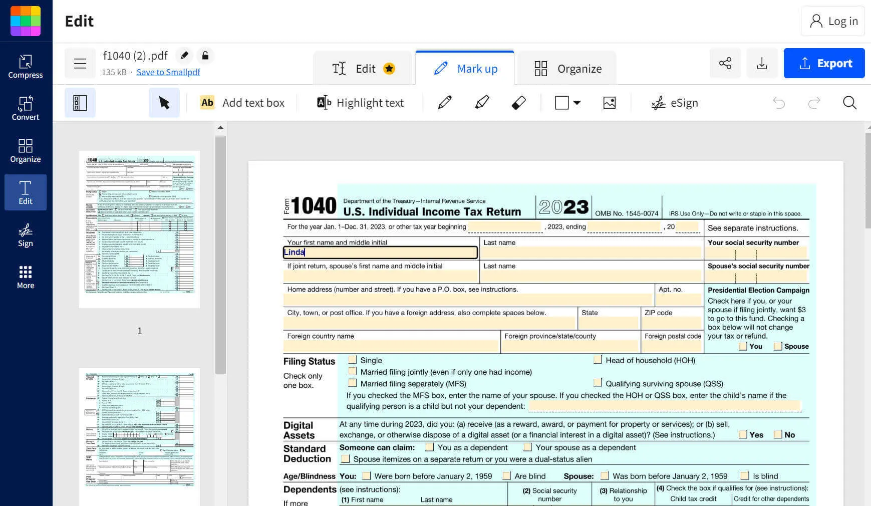 smallpdf PDF filler online user interface