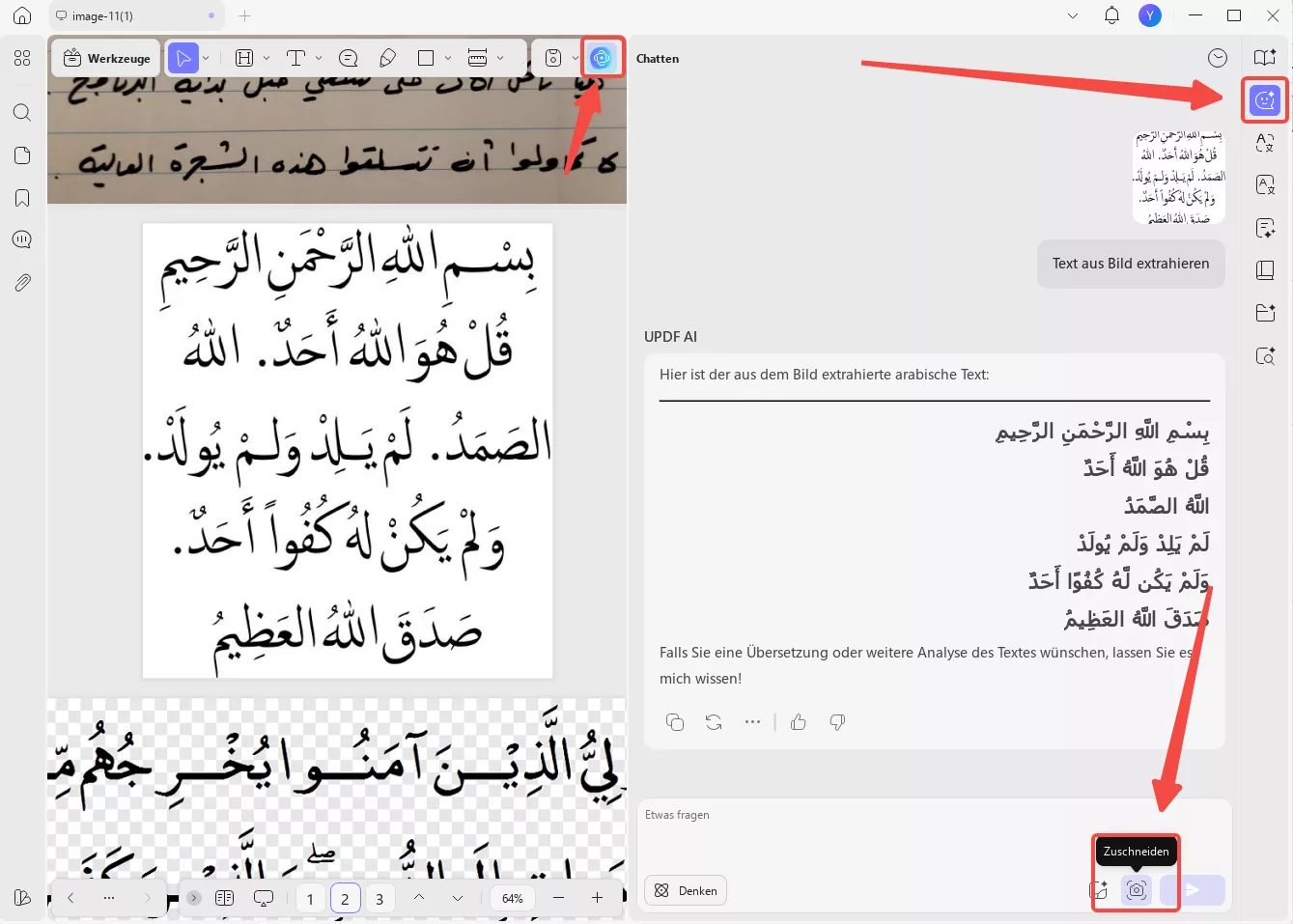 Screenshot zur Extraktion von arabischem Text aus einem Bild mit UPDF AI