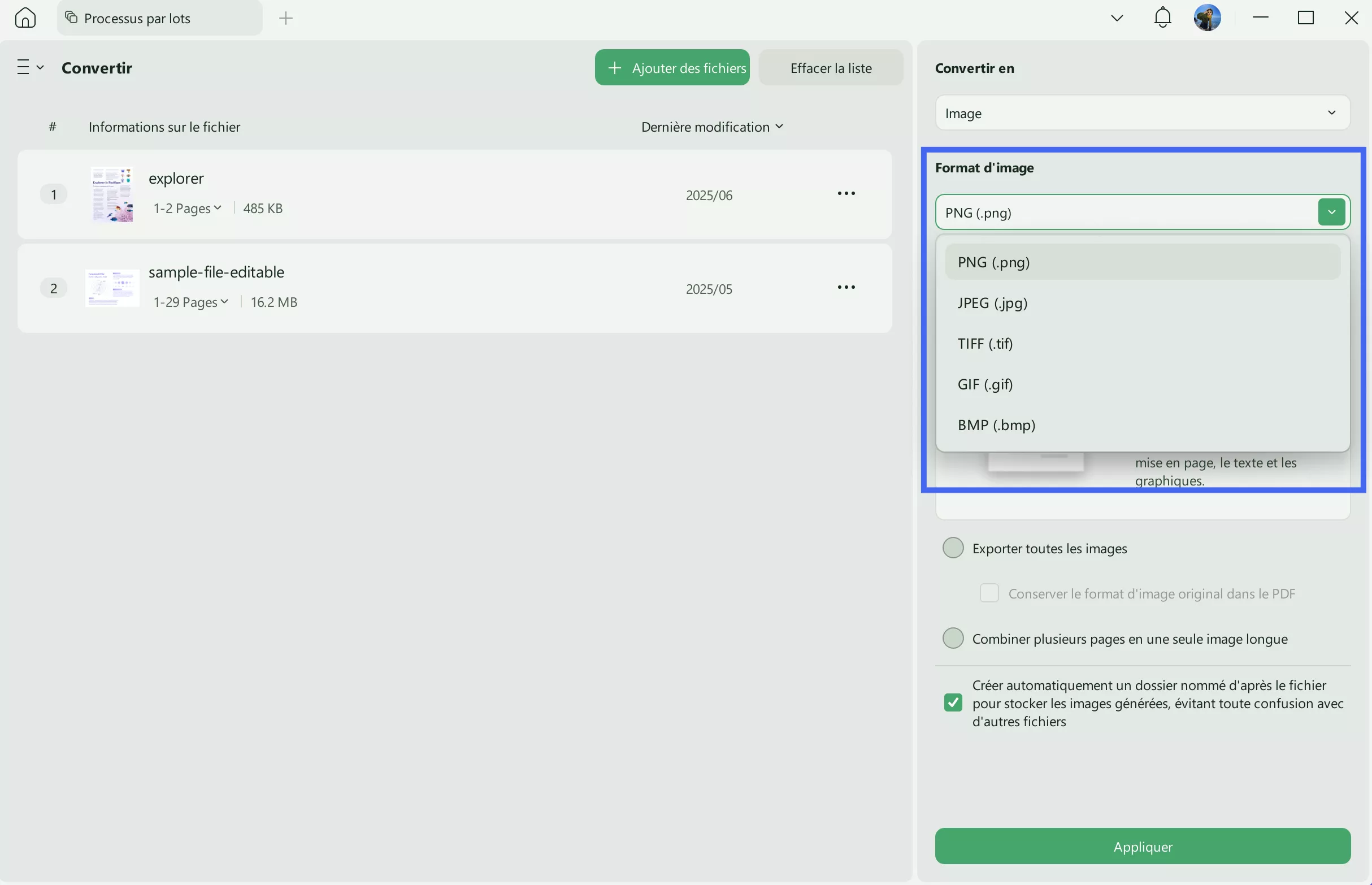 choisir le format d'image par lots