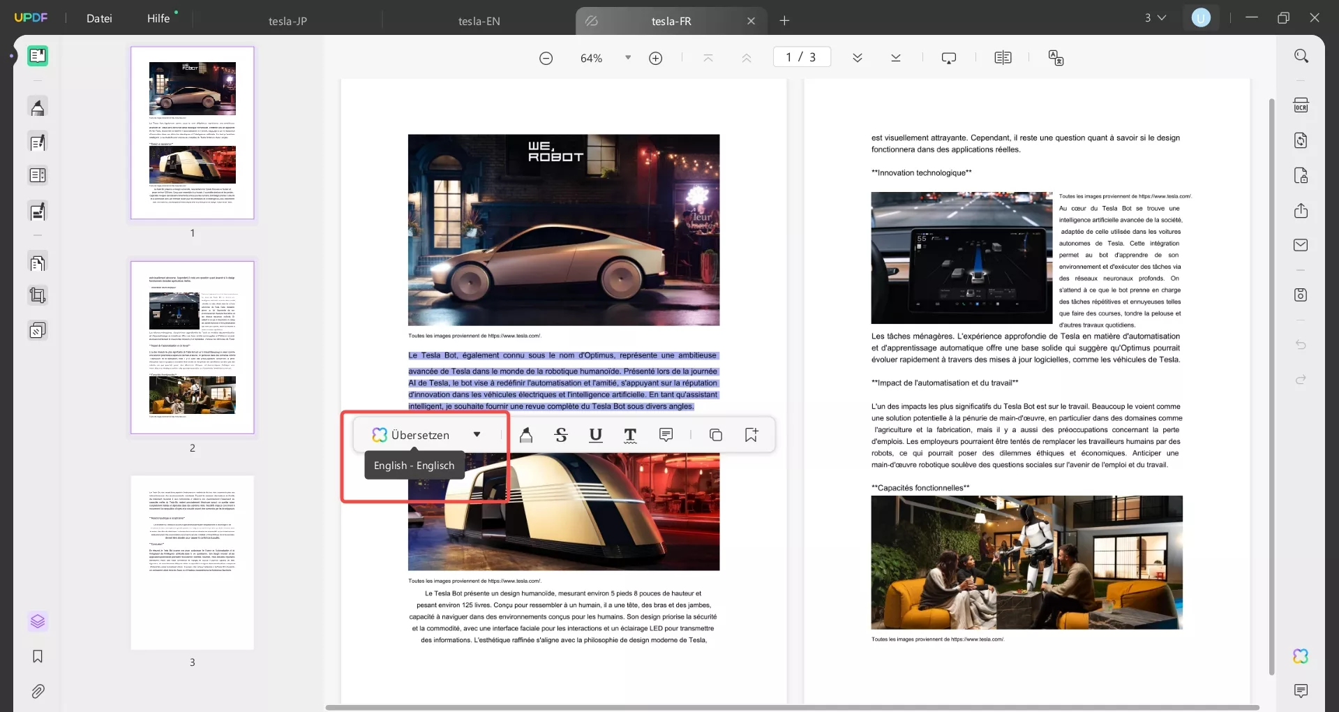 Übersetzen durch direktes Auswählen des Inhalts