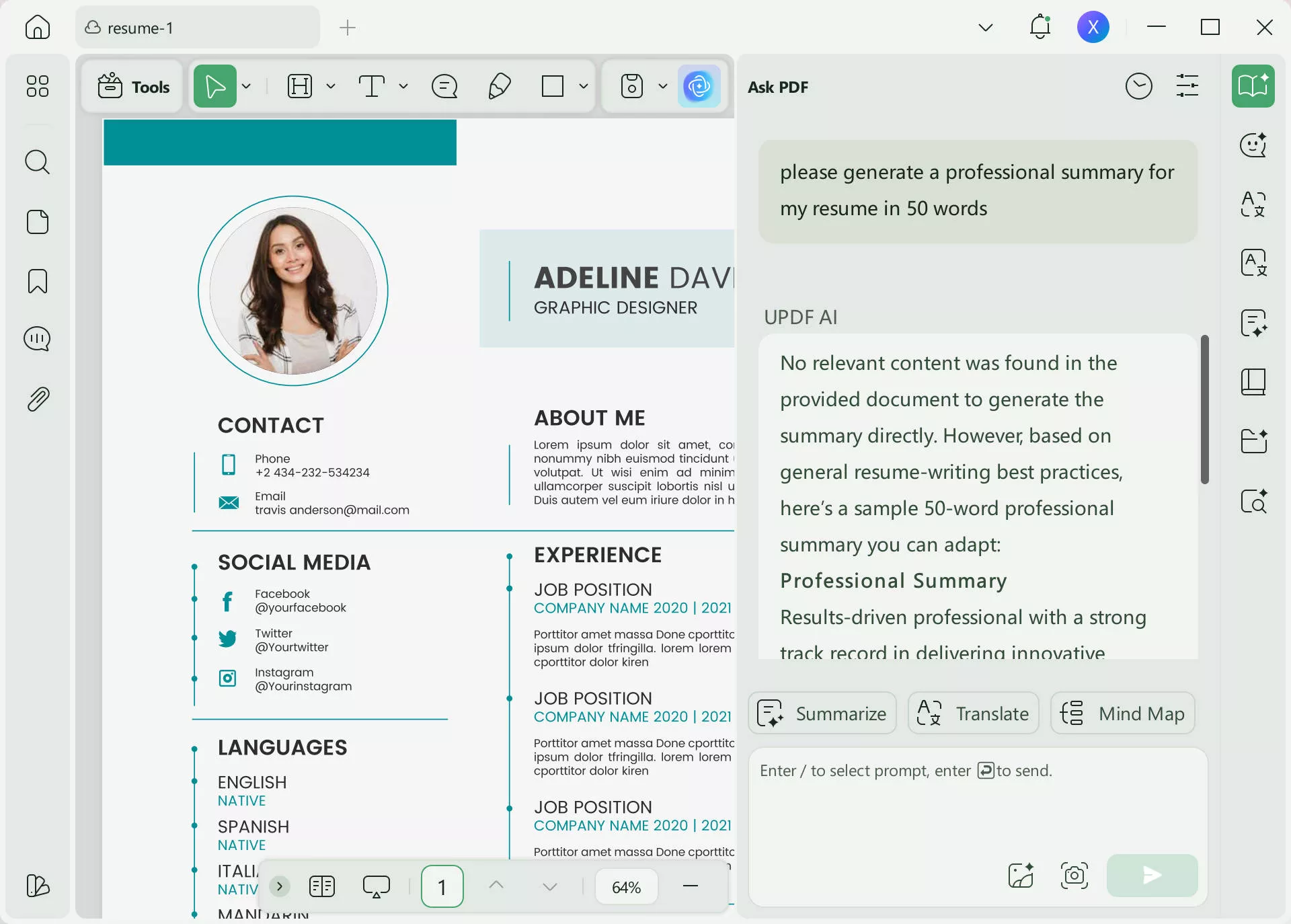 resume summary generator updf ai