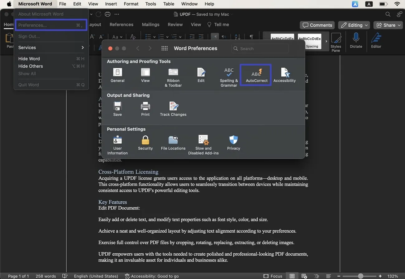 Disattivare i collegamenti ipertestuali automatici in Word su Mac