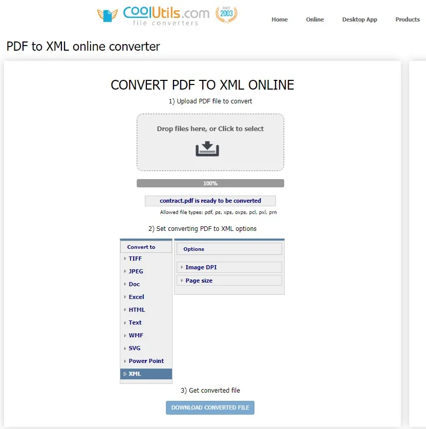 pdf to xml online coolutils