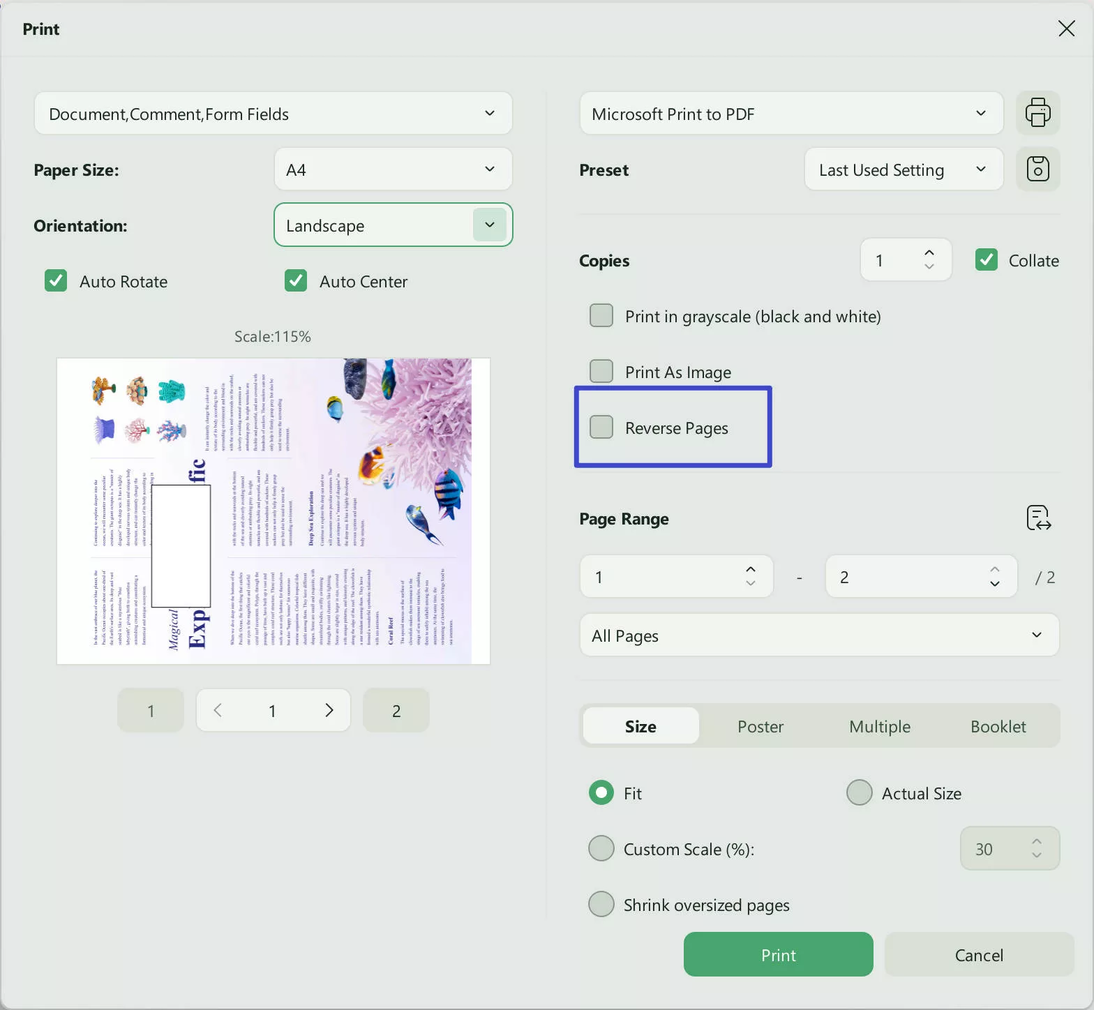 reverse page print updf windows