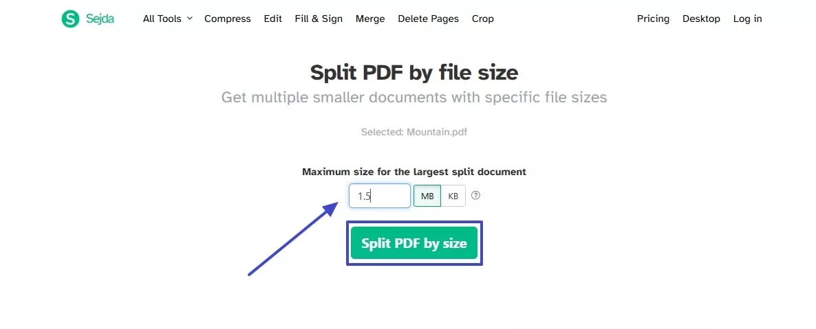 set size and split sejda